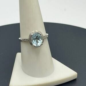 Blue Topaz Sterling Silver Halo‎ Vintage Style 10x6mm Oval Gemstone Ring Sz 8.5